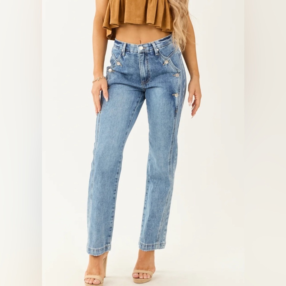 NWT Saige Denim Button Detail Side Panel Tummy Control Straight Leg Denim Jeans - Picture 5 of 11